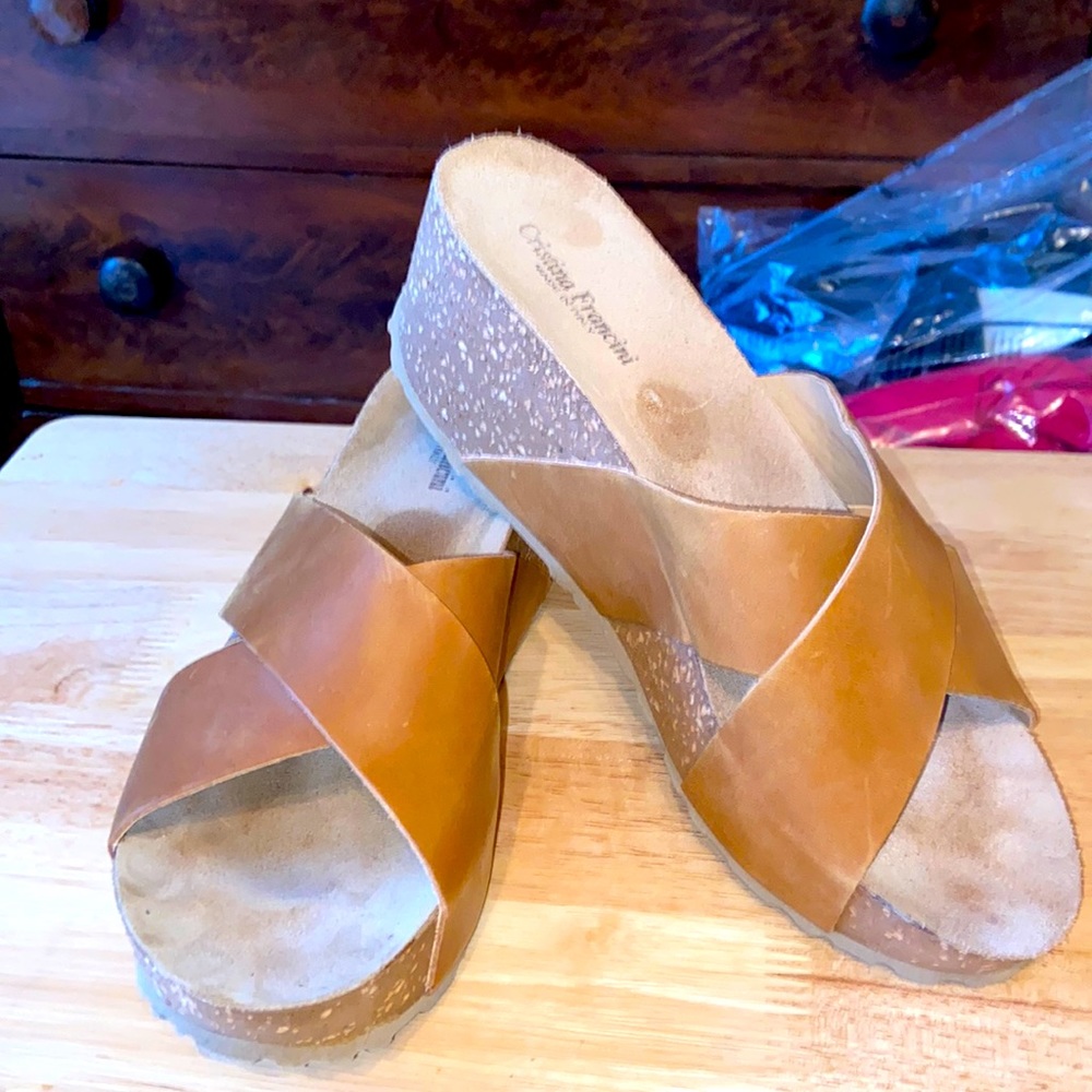 Cristina Francini Camel Slide on a Cork Platform Sandals